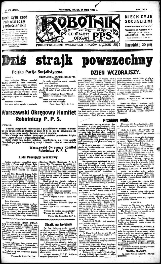 Robotnik, no. 132 (2932), front page (Warsaw, 14 May 1926): "Dziś strajk powszechny"