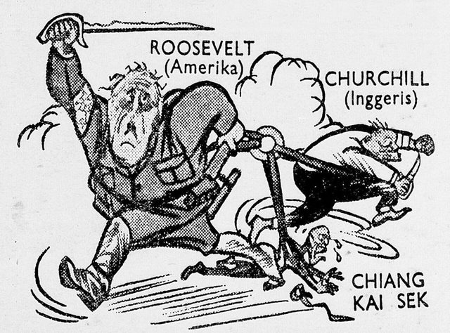 Cartoon of Roosevelt, Churchill and Chiang Kai-shek, Djawa Baroe, Java (1 June 1943)