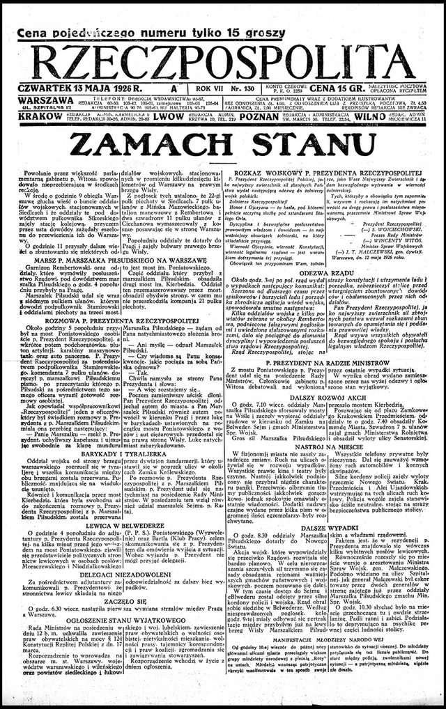 Rzeczpospolita, no. 130, front page (Warsaw, 13 May 1926): "Zamach stanu"