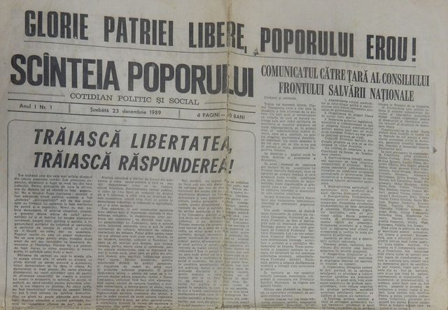 Scînteia Poporului, Anul I Nr. 1 (23 December 1989): front page of the National Salvation Front's first daily