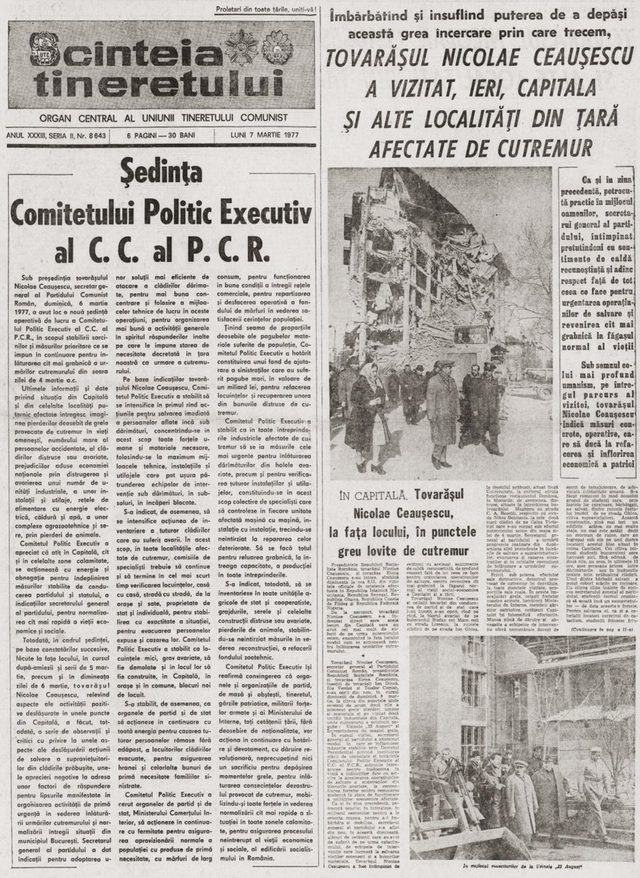 Scînteia Tineretului, 7 March 1977: Ceaușescu's visit to earthquake-hit areas