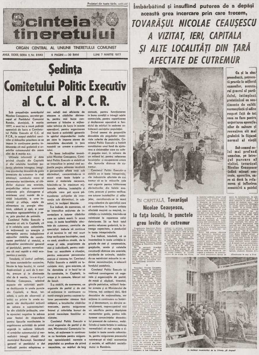 Scînteia Tineretului, 7 March 1977: Ceaușescu's visit to earthquake-hit areas