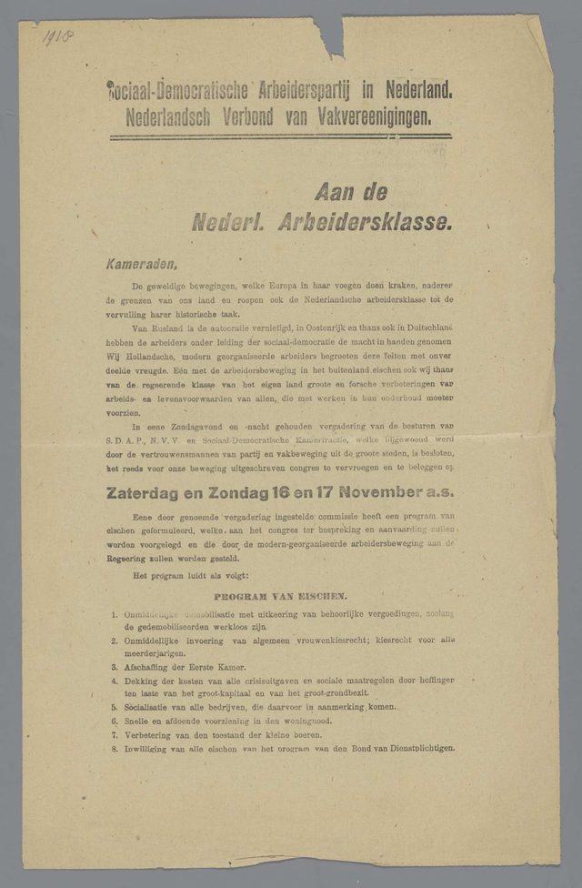 Aan de Nederl. Arbeidersklasse (SDAP and NVV manifesto calling a congress, Netherlands, November 1918)