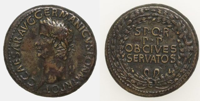 Bronze sestertius of Gaius (Caligula), reverse S P Q R P P OB CIVES SERVATOS in an oak wreath