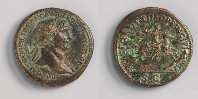 Bronze sestertius of Trajan, reverse S P Q R OPTIMO PRINCIPI, S C, the emperor on horseback riding down an enemy