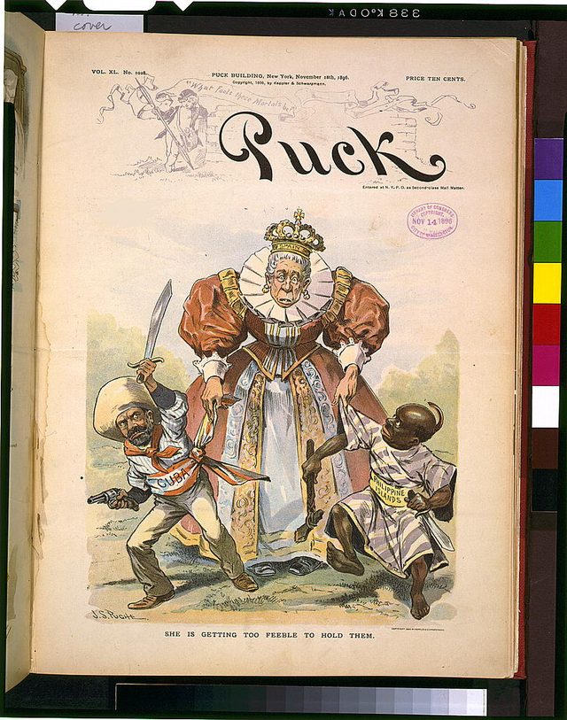 "She Is Getting Too Feeble to Hold Them" (Puck cover, 16 November 1896)