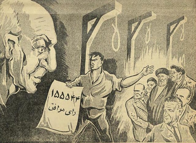 Shooresh cartoon on the 1953 dissolution referendum: "155544 votes in favour" and opponents before gallows