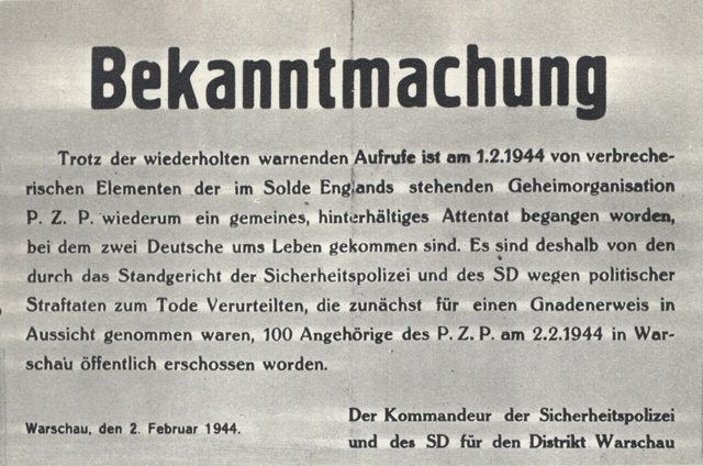 Bekanntmachung, Warsaw, 2 February 1944: 100 condemned prisoners shot in public