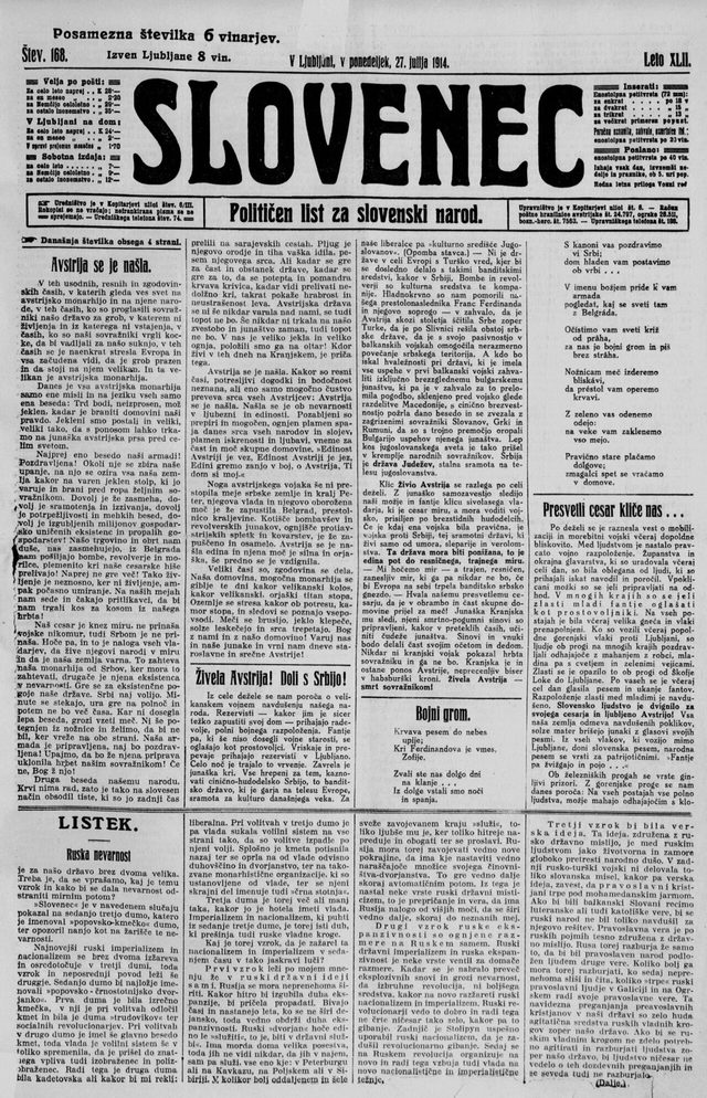Slovenec, Nr. 168, front page (Ljubljana, 27 July 1914): "Avstrija se je našla" and "Živela Avstrija! Doli s Srbijo!"