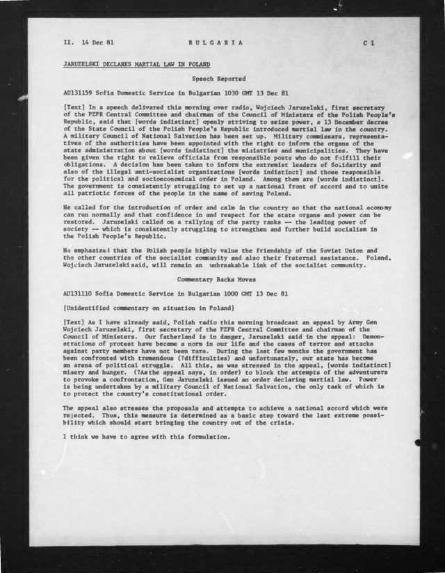 Sofia Domestic Service, broadcast on Jaruzelski declaring martial law in Poland (Sofia, 1981-12-13; FBIS Daily Report, 14 December 1981)