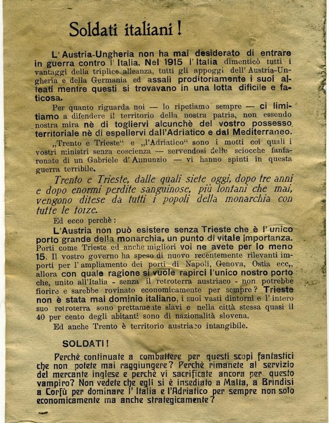 Soldati italiani! (Austro-Hungarian leaflet on Trieste and Trento)