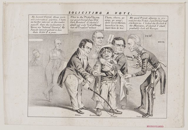 "Soliciting a vote" (1852 campaign cartoon, drawn before the Democratic nomination)