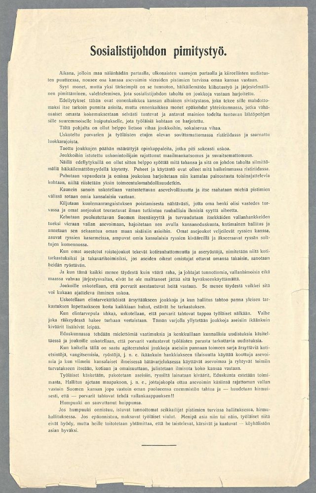 Sosialistijohdon pimitystyö (The obscurantism of the socialist leadership): anonymous anti-socialist broadsheet, 1918