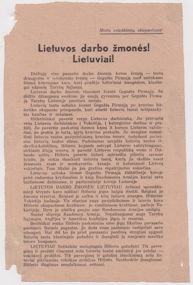 Lietuvos darbo žmonės! Lietuviai! (Working People of Lithuania! Lithuanians!): Soviet May Day leaflet for German-occupied Lithuania