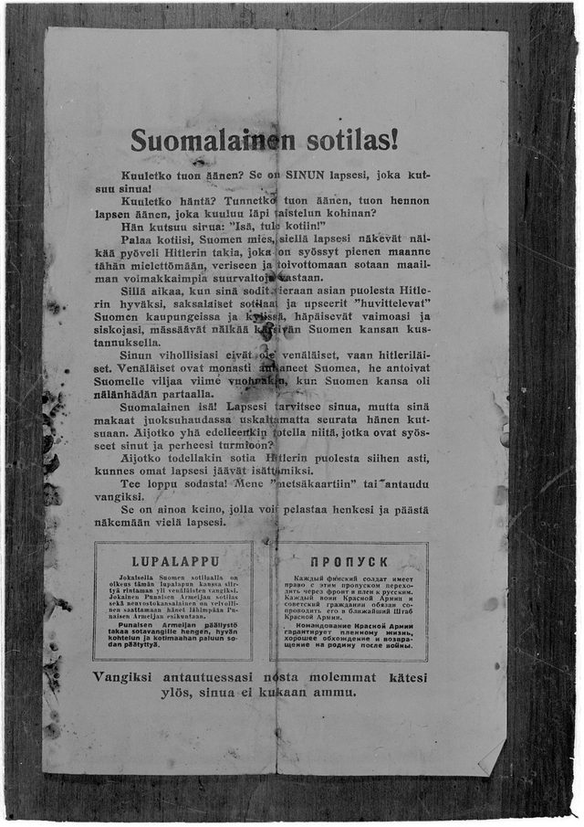 Suomalainen sotilas! (Finnish Soldier!): Soviet safe-conduct leaflet, Continuation War