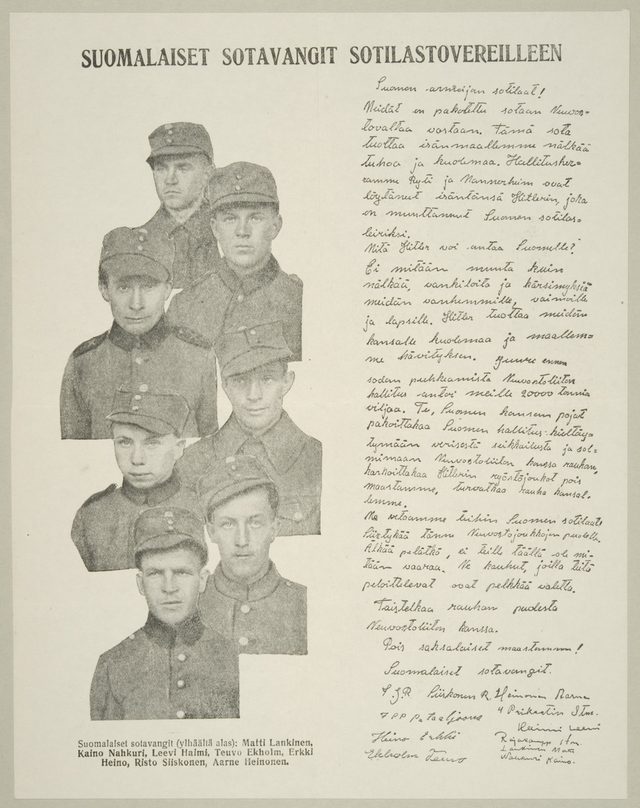 Suomalaiset sotavangit sotilastovereilleen (Finnish prisoners of war to their fellow soldiers): Soviet leaflet with seven named prisoners