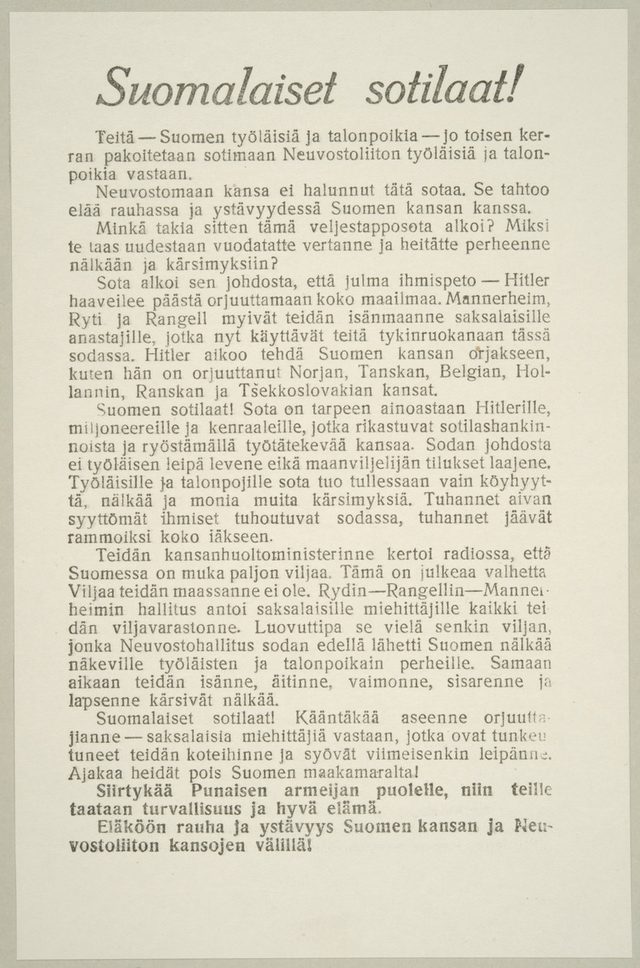 Suomalaiset sotilaat! (Finnish soldiers!): Soviet leaflet on a 'fratricidal war' and German masters
