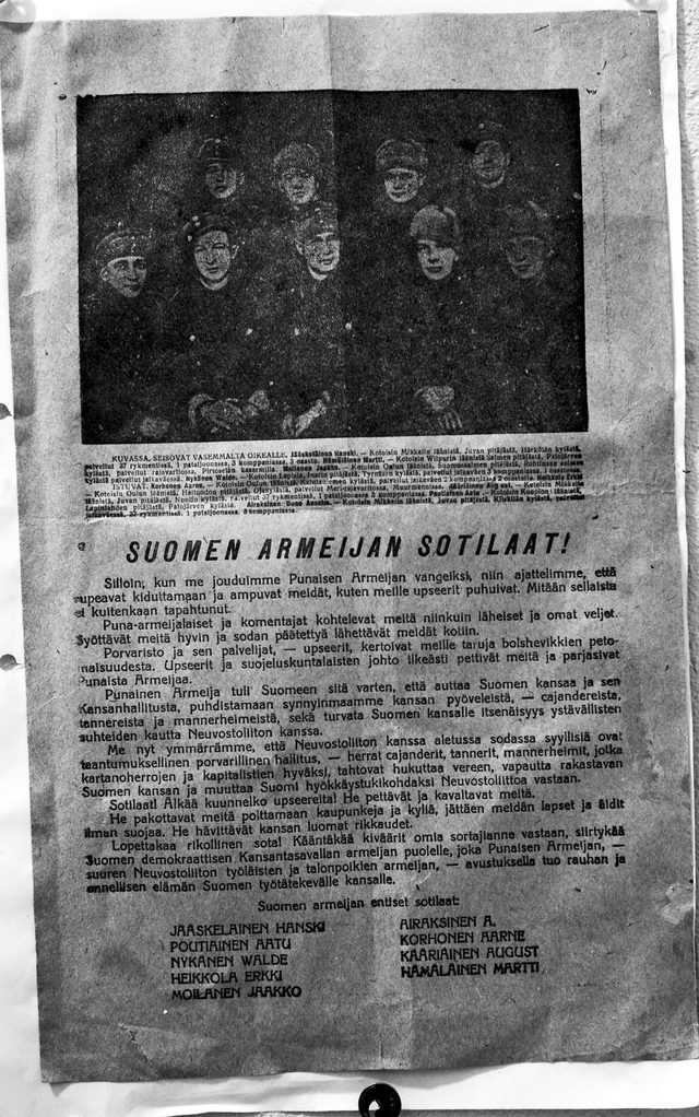Suomen armeijan sotilaat! (Soldiers of the Finnish Army!): Soviet leaflet signed by named Finnish prisoners