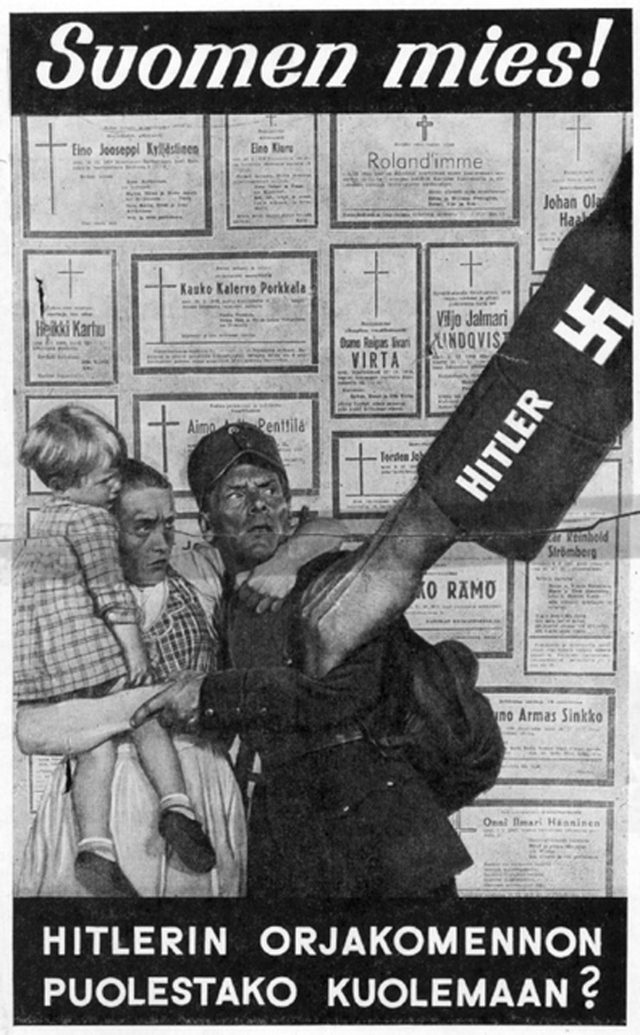 Suomen mies! (Man of Finland!): Soviet leaflet with a Hitler-armband arm pushing a soldier past death notices