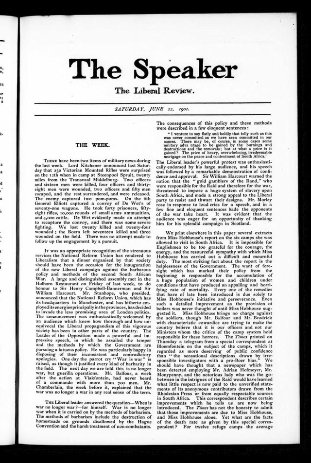 The Speaker, front page 'The Week', 22 June 1901: Hobhouse report and 'methods of barbarism'