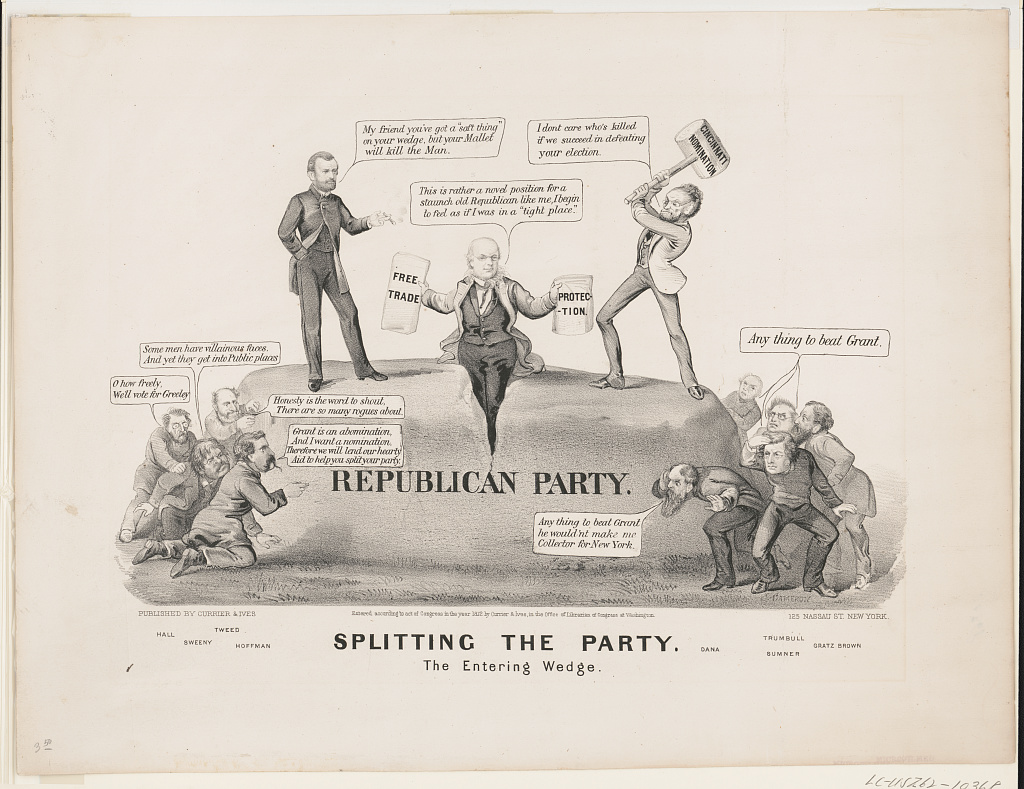 Cartoon of Greeley wedged in a rock labelled Republican Party while Carl Schurz swings a mallet