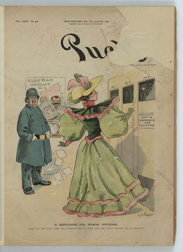 Puck cover of 1894: a woman in a very wide dress and hat is turned away from a narrow voting booth