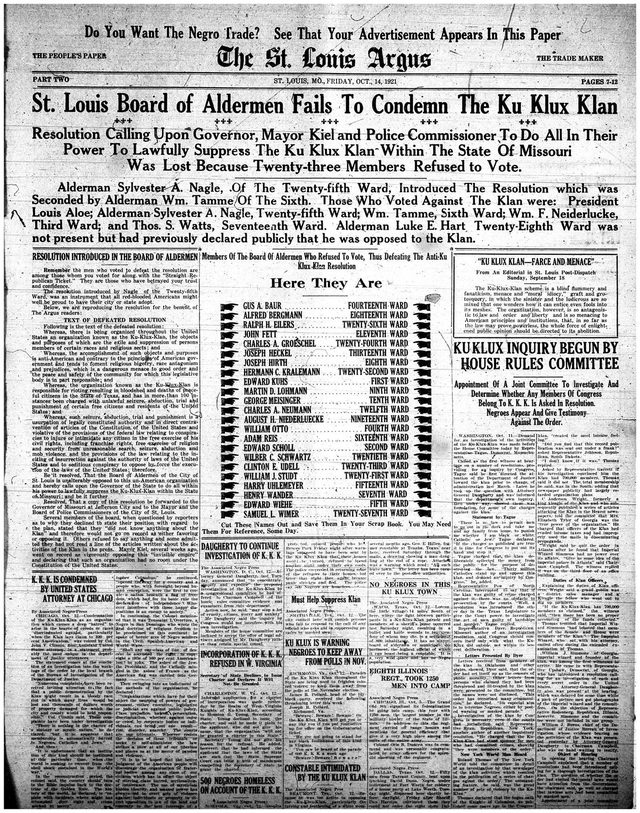 The St. Louis Argus, 14 October 1921, Part Two: 'St. Louis Board of Aldermen Fails To Condemn The Ku Klux Klan'