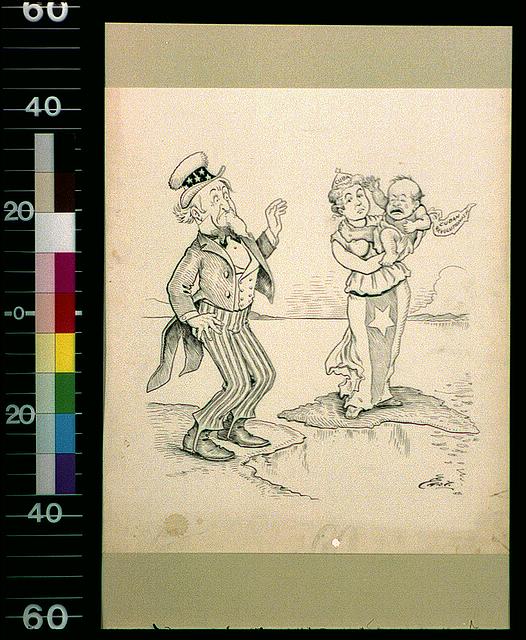 Uncle Sam looks at "Cuba" holding a "Cuban Revolutionist" baby (Bartholomew cartoon, April 1898)