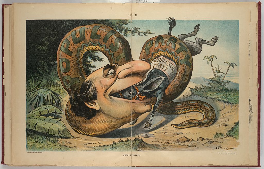 Puck cartoon of a snake labelled Populist Party with a man's head swallowing a donkey labelled Democratic Party
