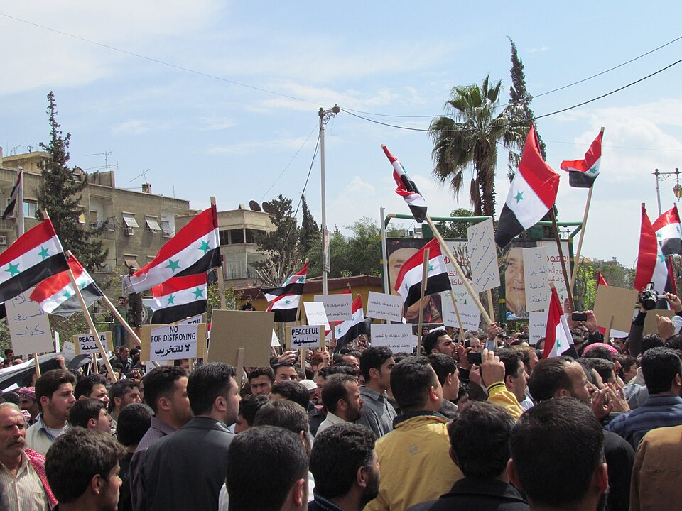 Peaceful protest signs and flags, Douma, 8 April 2011