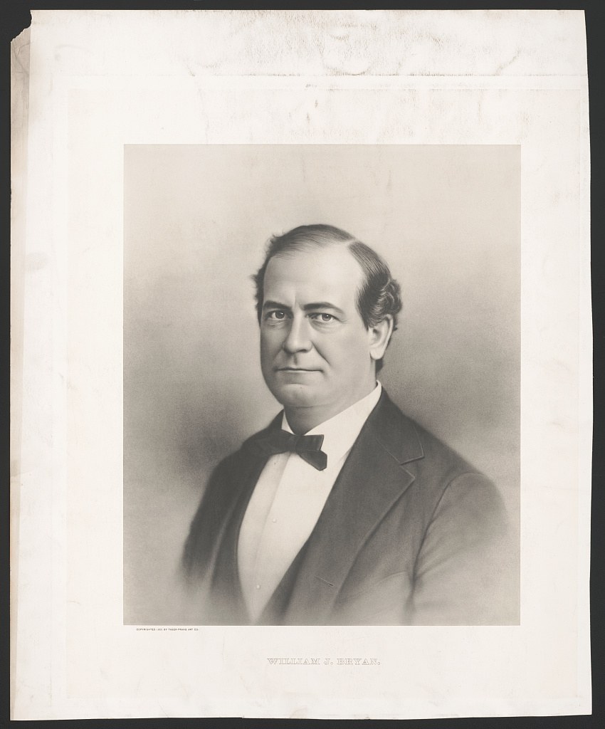 Print of a head-and-shoulders portrait of William J. Bryan in a dark coat and bow tie