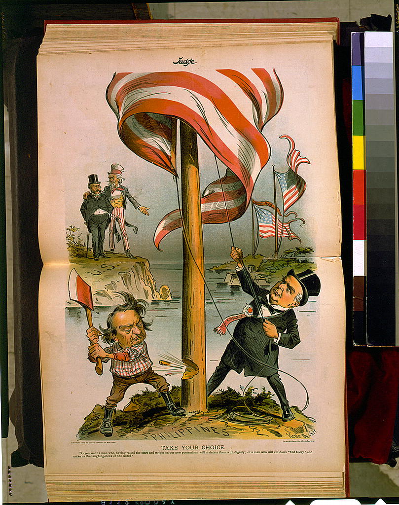 Judge cartoon of McKinley raising a flag on a pole labelled Philippines while Bryan chops at it with an axe