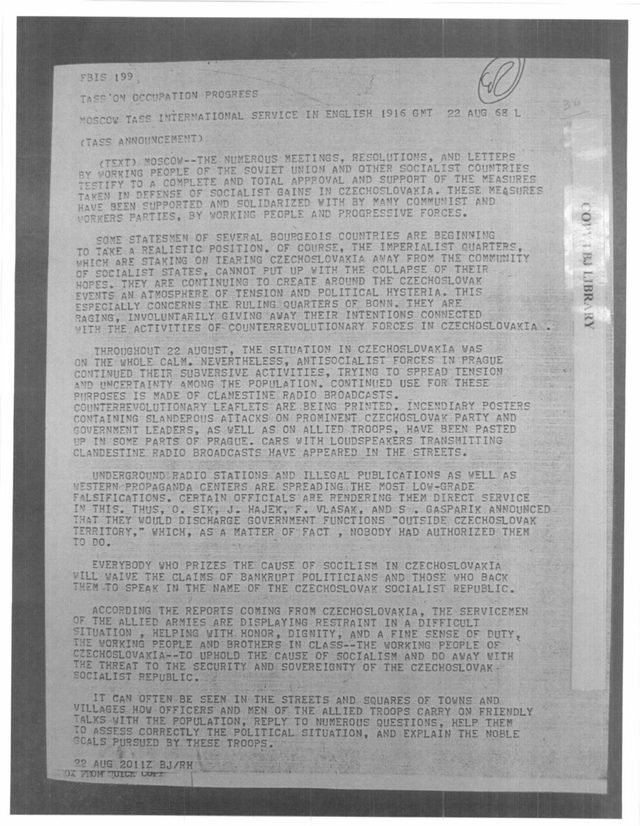 TASS International Service, 'Occupation Progress', broadcast (Moscow, 1968-08-22; FBIS transcript)
