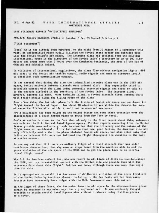 TASS statement on the 'unidentified intruder' (Korean Air Lines Flight 007), FBIS Daily Report, 6 September 1983