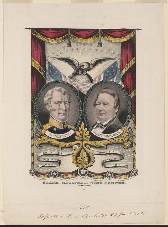 Grand National Whig Banner: Press Onward (Currier, Taylor and Fillmore), 1848