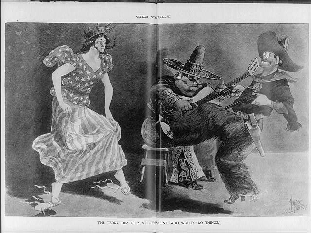 The Verdict cartoon of Liberty drawing her skirts away from two men in cowboy and sombrero dress