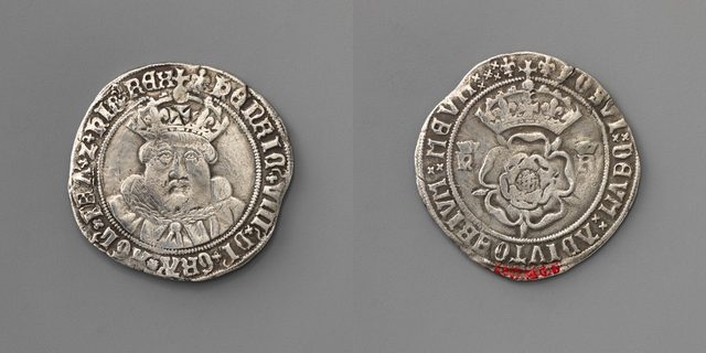 Silver testoon of Henry VIII, third coinage: crowned bust and HENRIC VIII, reverse crowned Tudor rose and POSVI DEVM ADIVTOREM MEVM