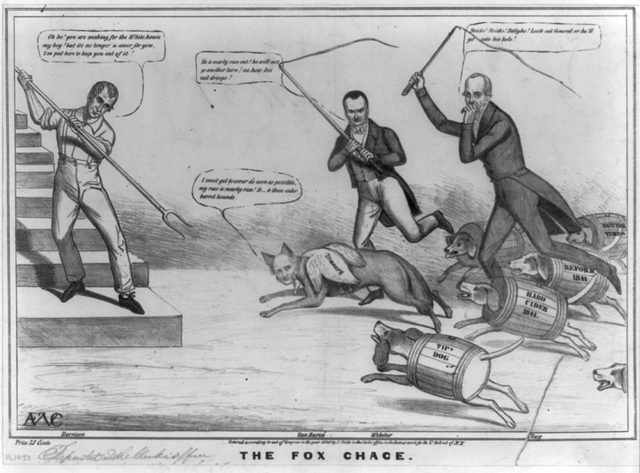 'The Fox Chace', Whig cartoon of Van Buren hunted by cider-barrel hounds, 1840