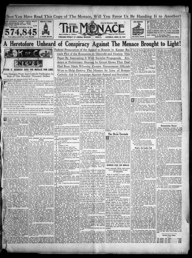 The Menace front page, 12 April 1913 (Aurora, Missouri)