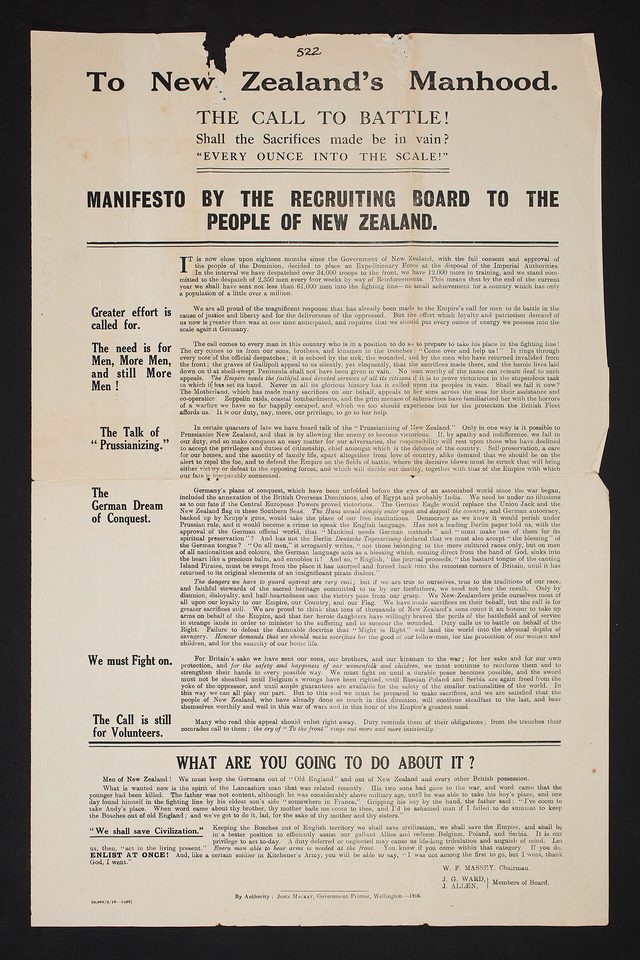 'To New Zealand's Manhood' recruiting board manifesto