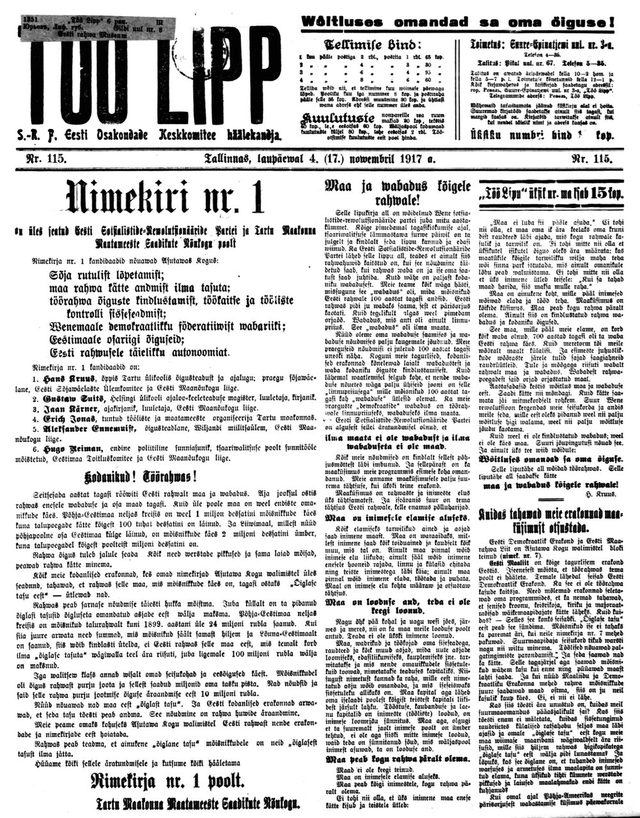 Töö Lipp, front page (Tallinn, 17 November 1917 [4 November Old Style]): "Nimekiri nr. 1" (List No. 1)