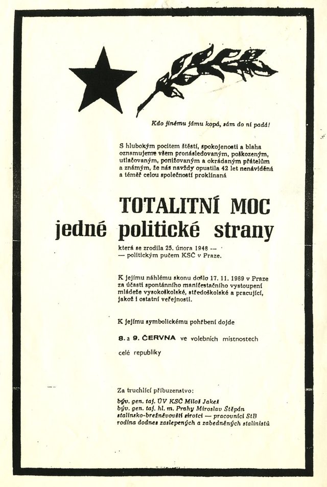 Mock death notice for 'the totalitarian power of one political party', 1990
