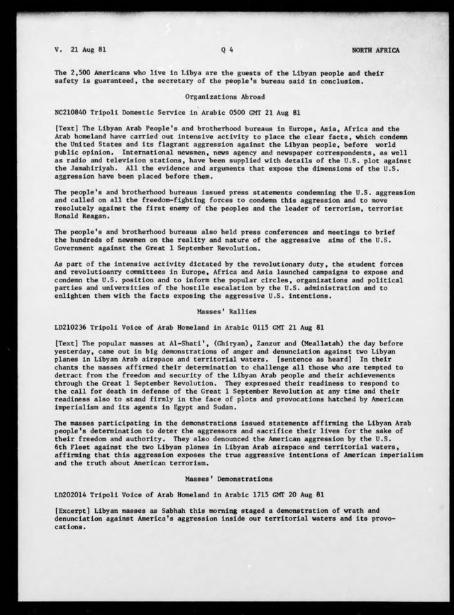 Tripoli radio on the Gulf of Sidra incident ('terrorist Ronald Reagan'), FBIS Daily Report, 21 August 1981