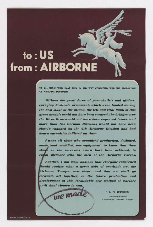 To: US From: AIRBORNE (message from Lt-Gen F. A. M. Browning to airborne equipment workers)