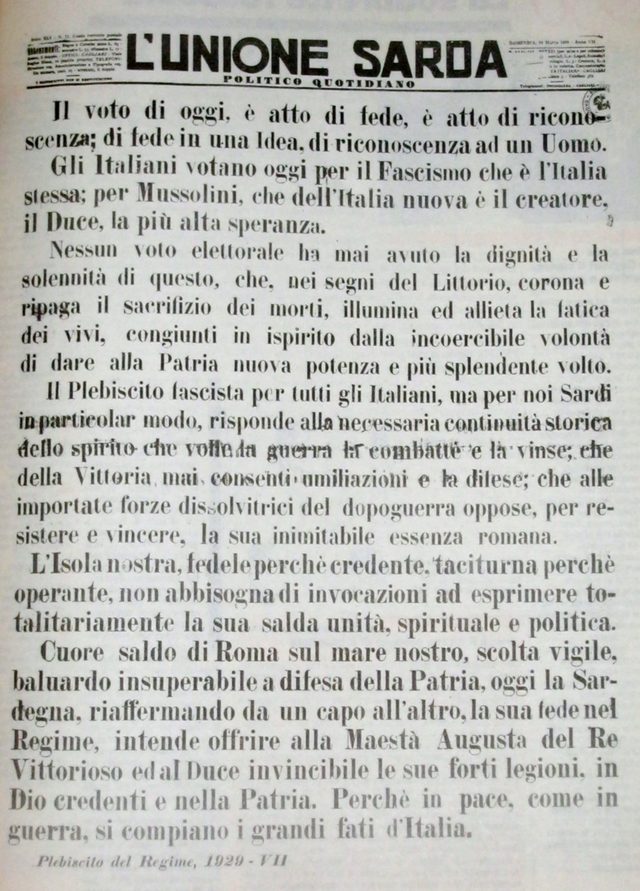 L'Unione Sarda, 24 March 1929: 'Il voto di oggi, è atto di fede' (plebiscite day front page)