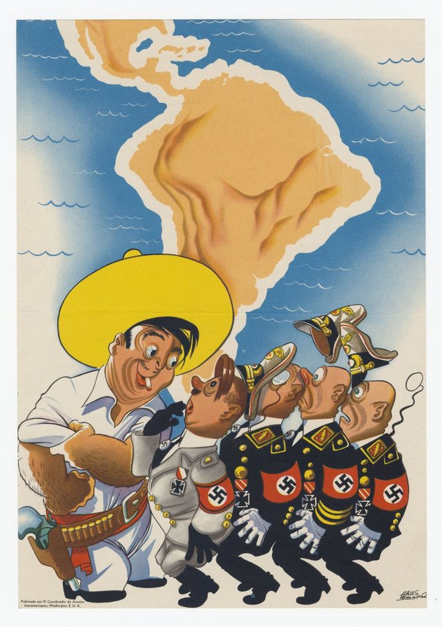 [Mexican figure confronting four Nazi officers before a map of Latin America] (NARA 'Portuguese War Poster [1]')