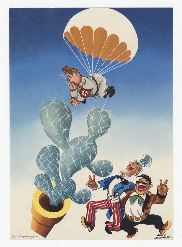 Nazi parachutist drops toward a cactus while Uncle Sam and a Mexican charro laugh (Spanish-language OCIAA poster)