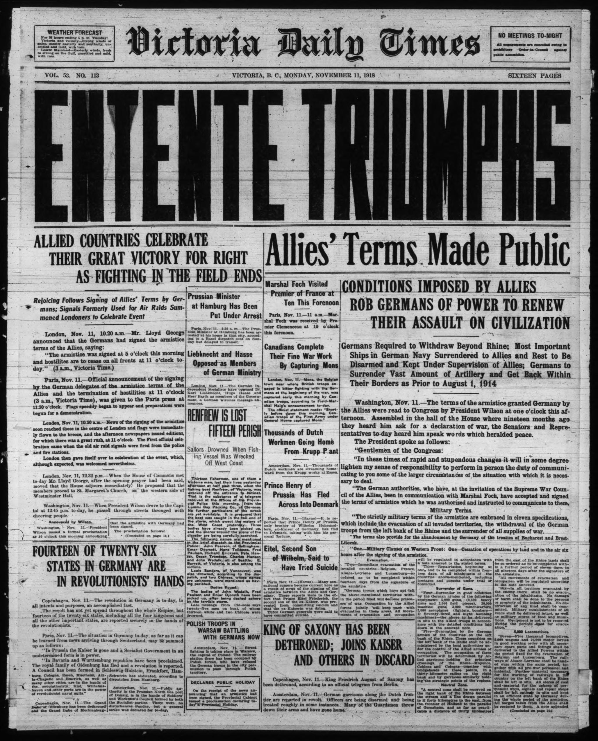 Victoria Daily Times, 11 November 1918