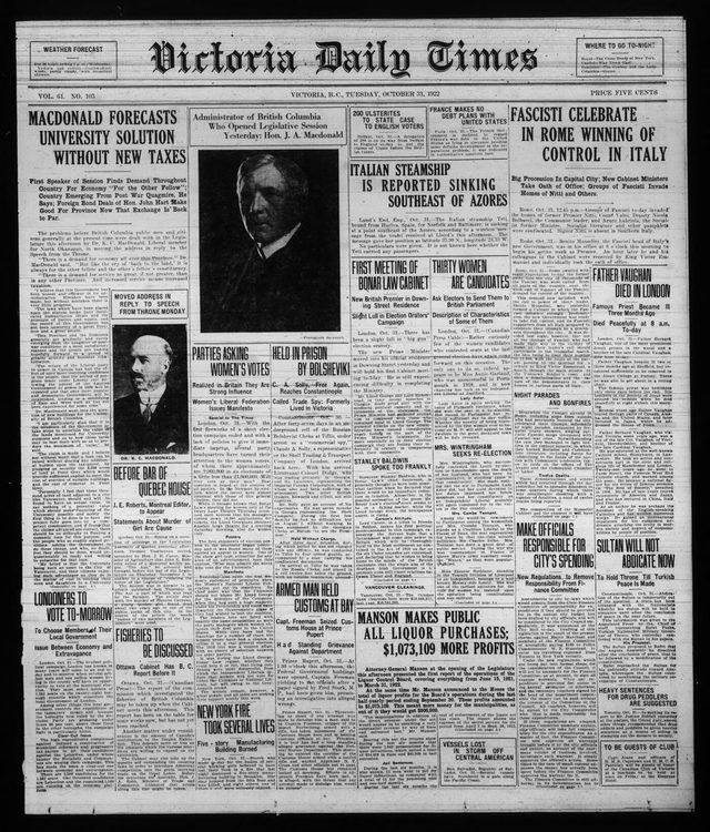 Victoria Daily Times, daily edition, front page (Victoria, B.C., 1922-10-31)