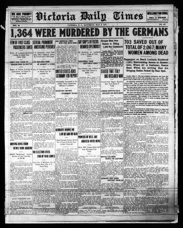 Victoria Daily Times, daily edition, front page (Victoria, B.C., 1915-05-08)